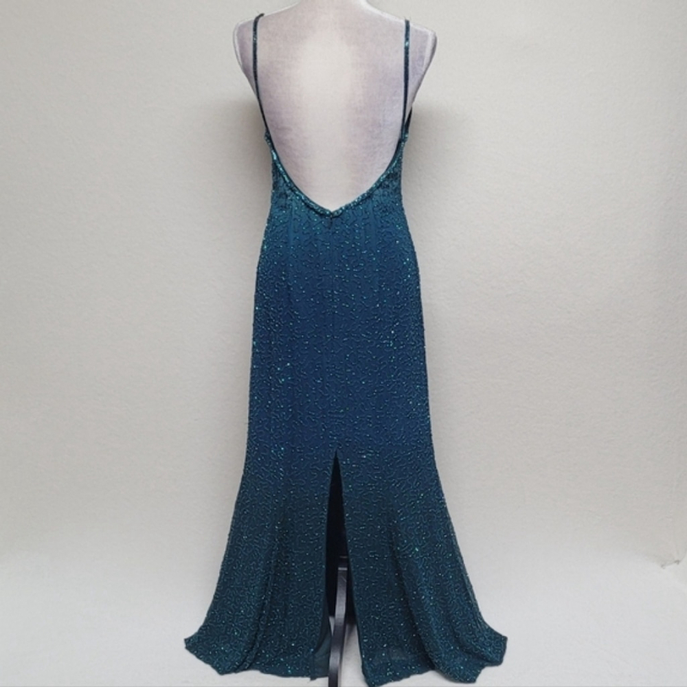 Laurence Kazar 90s Vintage Teal Ombre Beaded Silk Backless Maxi Formal Dress 8 - Picture 8 of 12